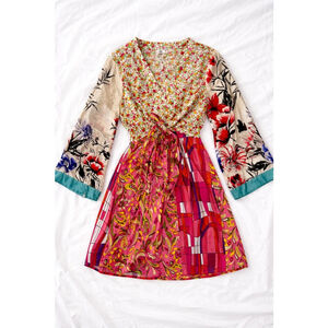 River Island Floral Patchwork Dress Boho Cottagecore Tie Waist Bell Sleeve